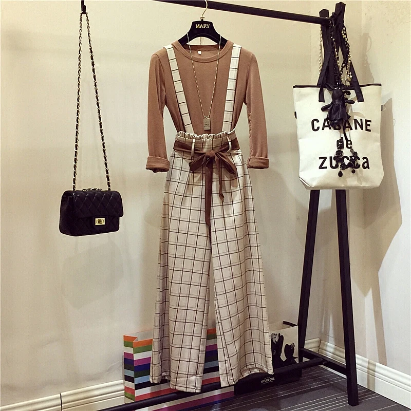 Женский комплект из топа с длинным рукавом и брюк в клетку|Спортивные костюмы| |