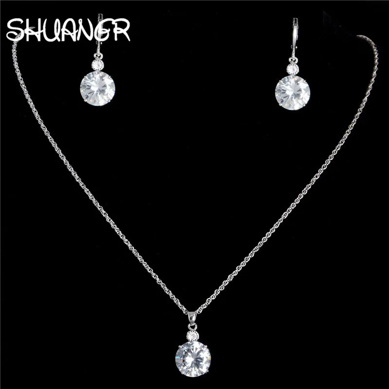 SHUANGR New Arrival Round Clear Crystal Set Gold Color Pendants Necklaces /Earrings Stud 2pcs Jewelry Set/Arete H327 | Украшения и