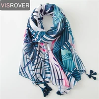 visrover tropical print scarf with tassel fashion summer viscose cactus scarf shawl women flamingo lady beach boho kawii scarves