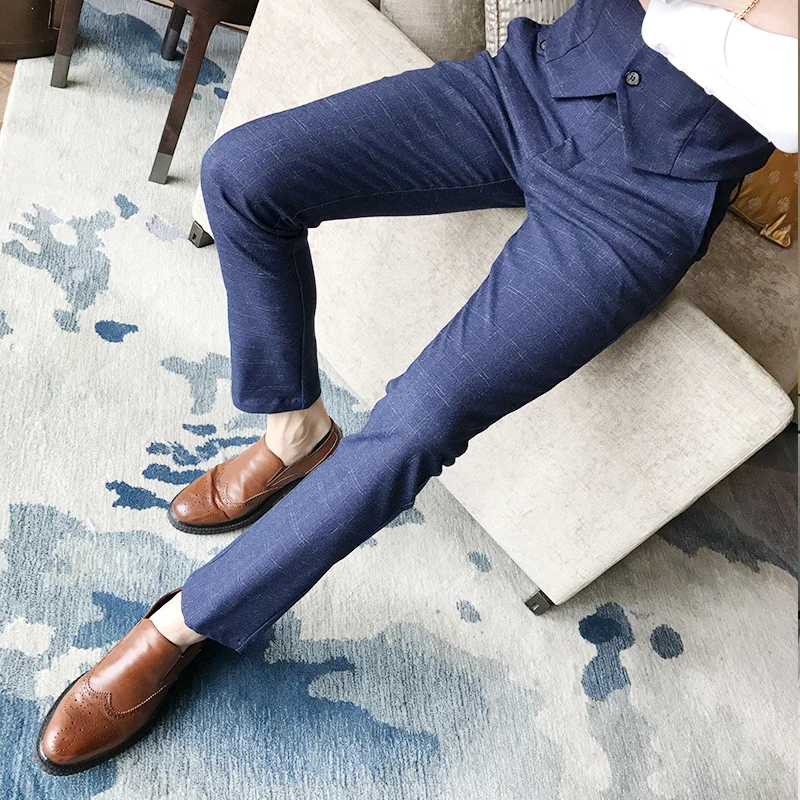 

Men Good Quality Suits & Blazers Suit Jackets+Vest+Pants Men Formal Wear Dress Suits Blue Plaid Blazers Suits 3 pieces