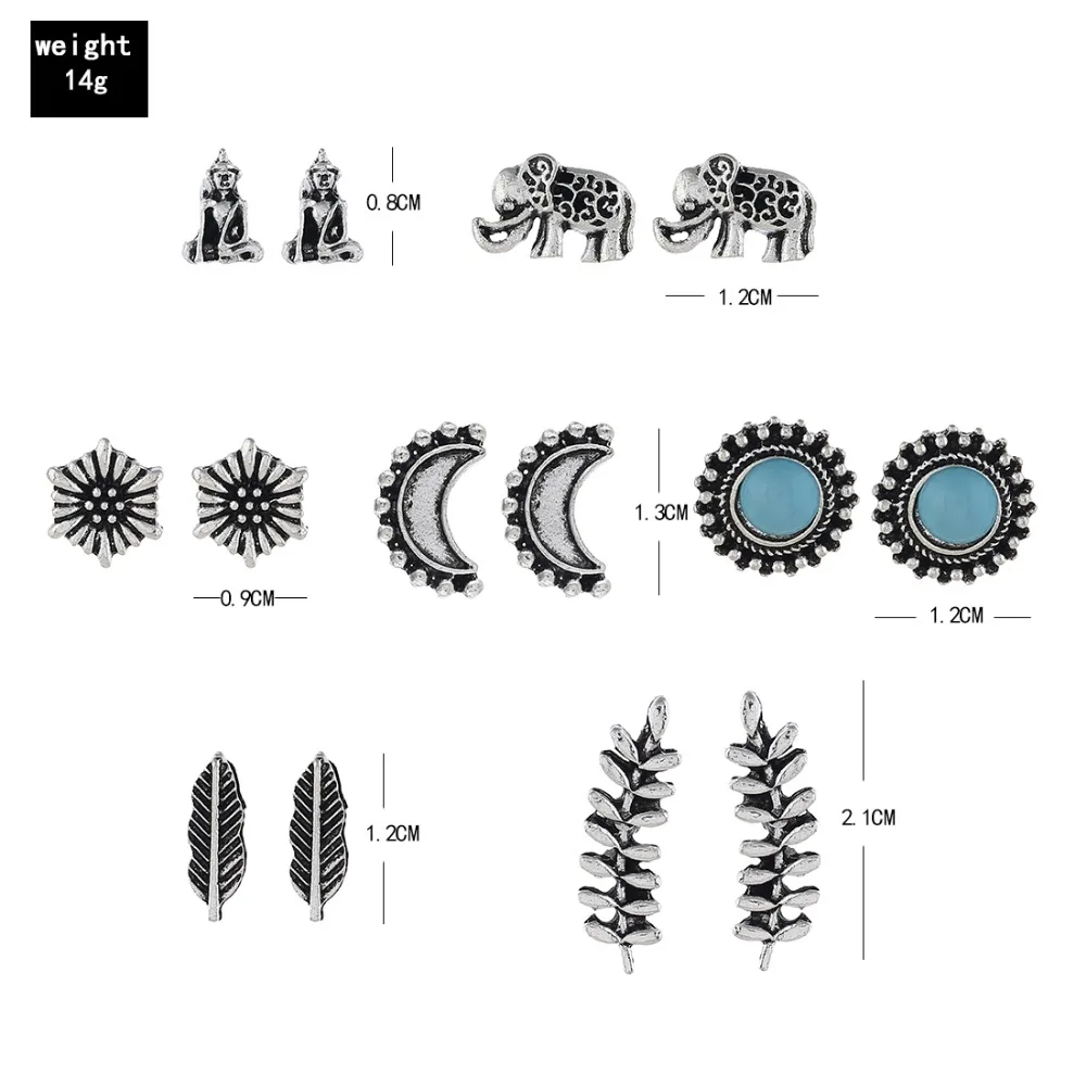 7 пар/компл. в винтажном стиле Женские синие камень тибетские серебряные серьги