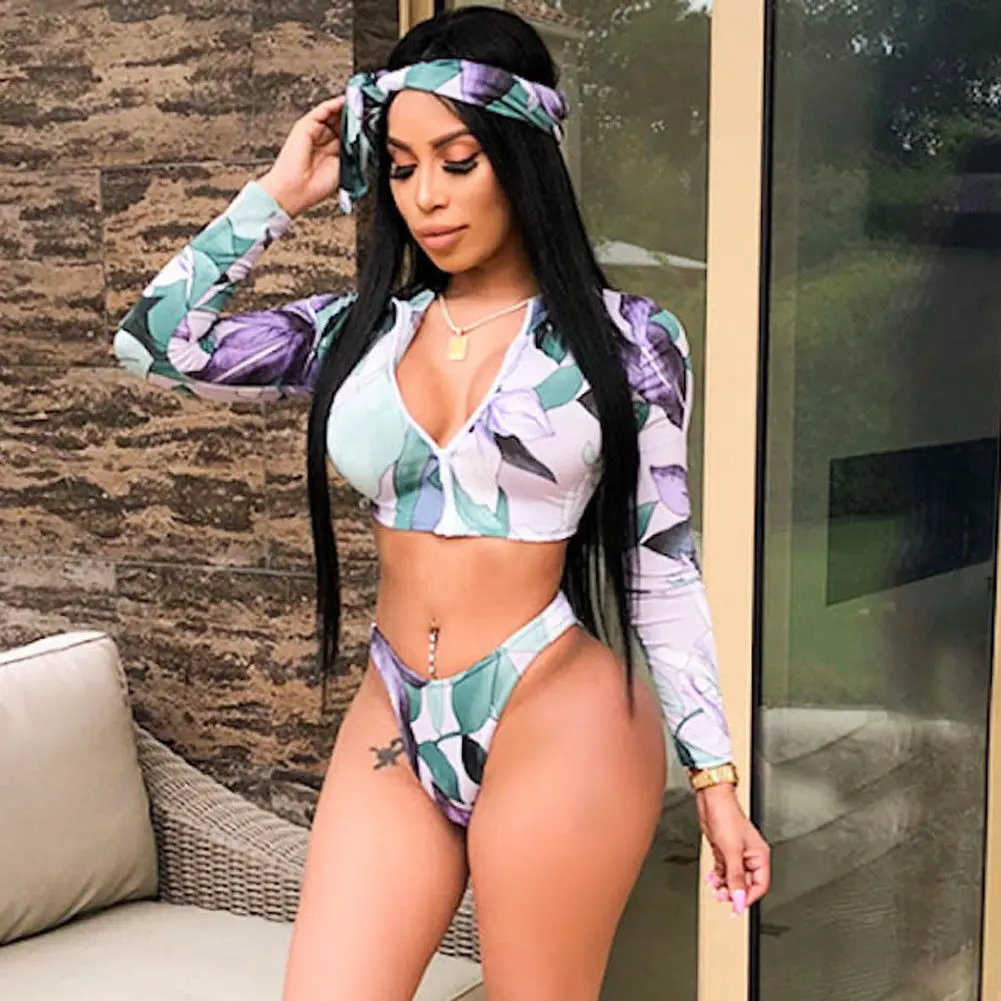 Сексуальный 2019 женский с длинным рукавом цветочный принт на молнии набор бикини