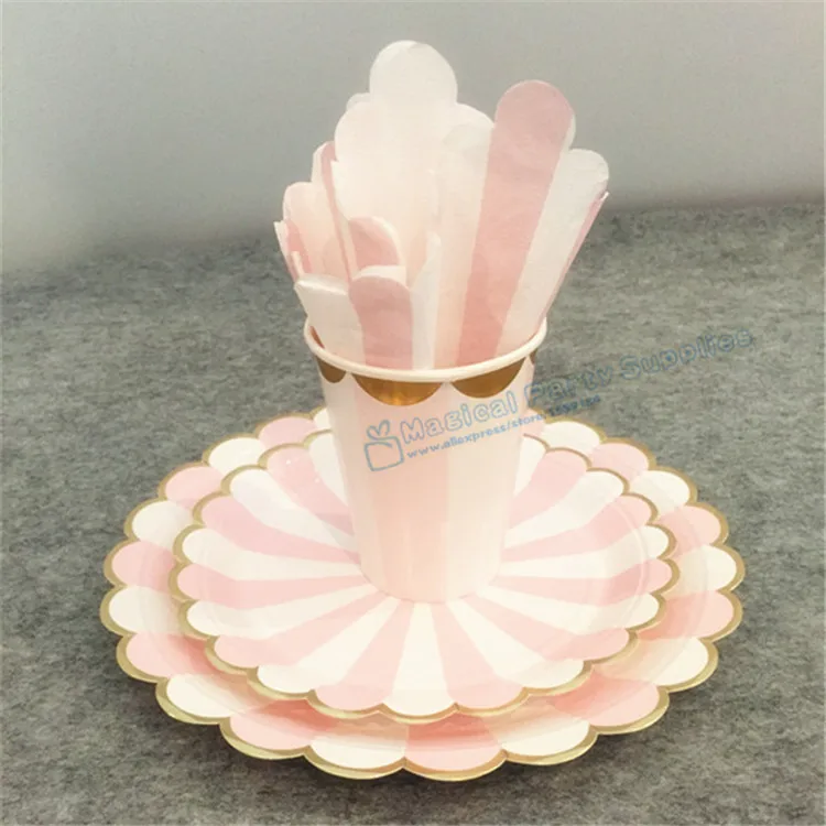Набор из 16 румян розовые и золотые бумажные стаканчики волнистая фольга тарелки