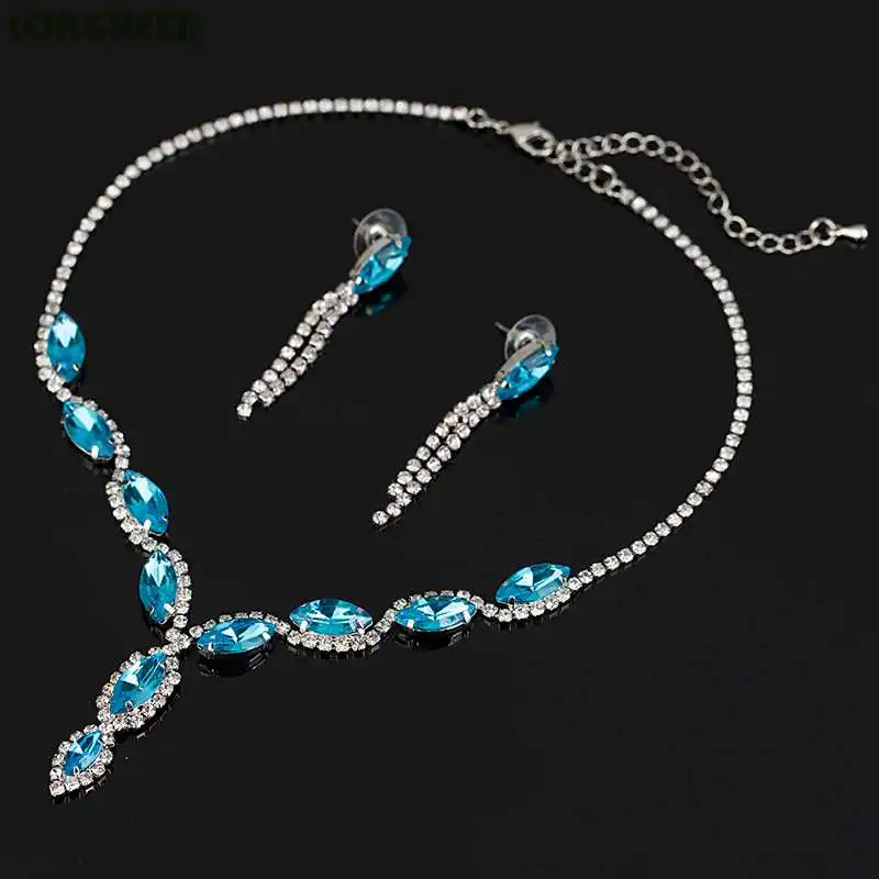 Light Blue Zircon Стиль, кристалл, циркон, Свадебные Ювелирные наборы, серебряное ожерелье, серьги, Свадебные Ювелирные наборы для женщин, аксессуары для девушек, вечерние - Окраска металла: Light Blue Zircon