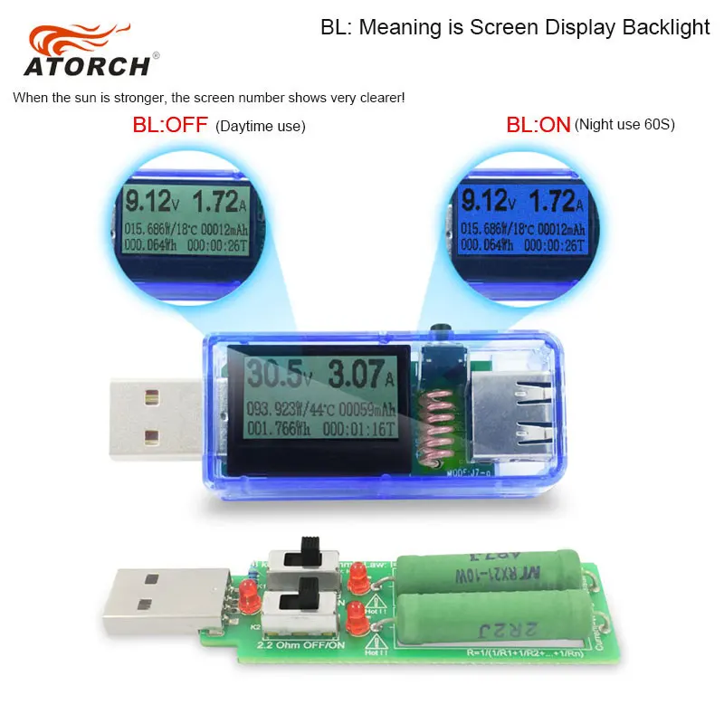 ATORCH тестер USB+ нагрузка постоянного тока цифровой вольтметр amperimetro зарядного устройства power bank charger, Индикатор автомобиля напряжение переменного тока измеритель - Цвет: BlueBlue