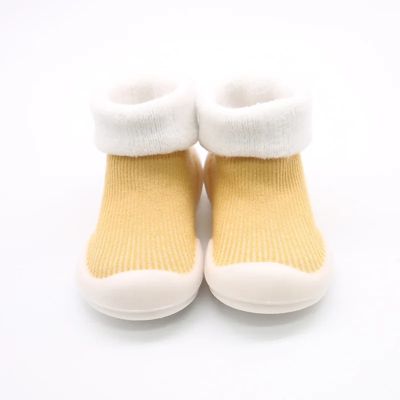 Solid Yellow Осенне-зимние Новые плотные детские носки-тапочки с плюшевой подкладкой, 0-36 месяцев, нескользящие носки для малышей с резиновой подошвой, теплые носки с изображением животных - Цвет: Solid Yellow