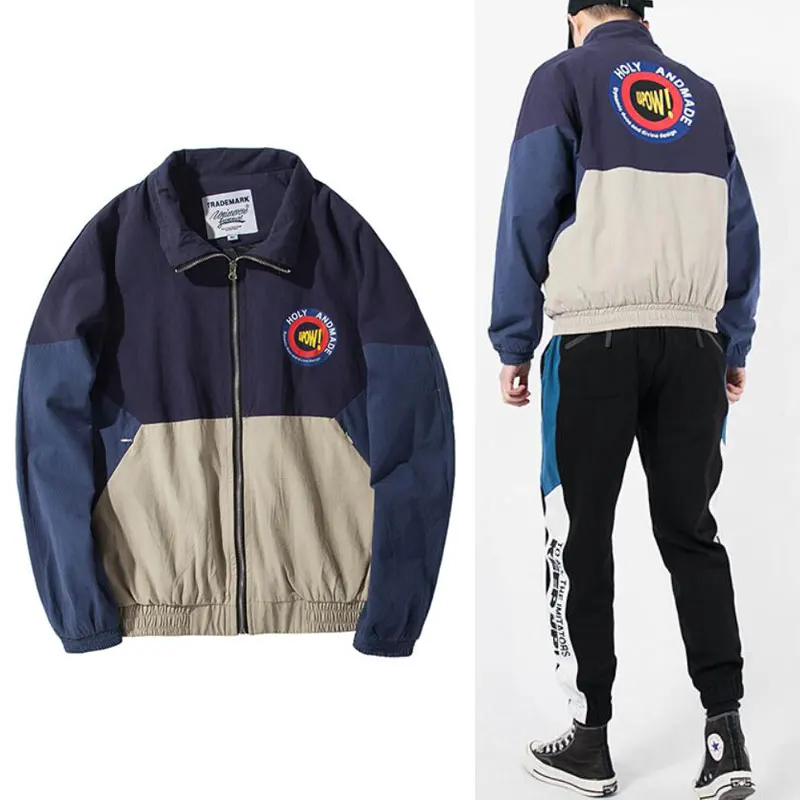 Винтажная мужская куртка бомбер с буквенным принтом и разноцветными вставками