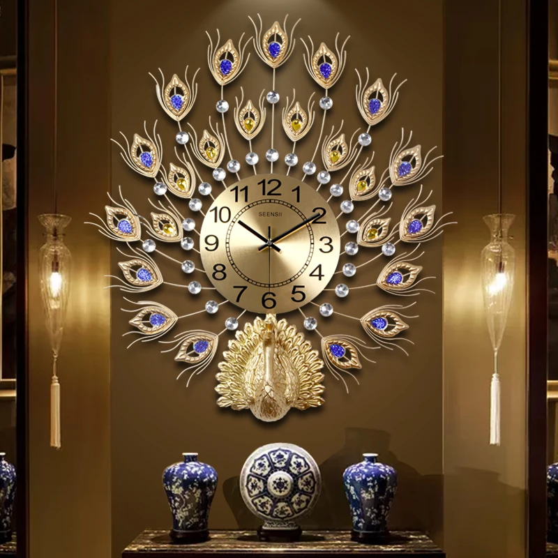 

Modern Wrought Iron Peacock Wall Clock Wall Hanging Crafts Decoration Livingroom Home Mute Electronic Clock Wall Sticker Mural