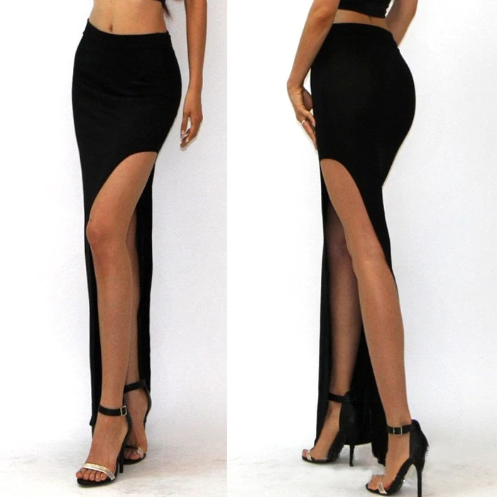 Женская длинная юбка с разрезом сбоку цвета хаки/черный|long maxi skirt|fashion long skirtfashion