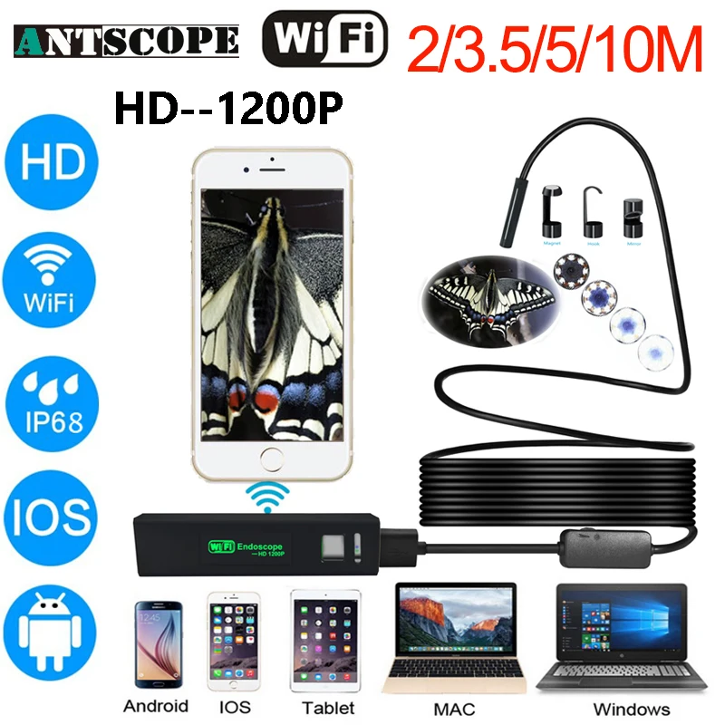 Antscope Wi Fi 8 мм эндоскопа 2/3. 5/5/10 м желтый проводных 1200 P Android iOS черный мягкий трубки