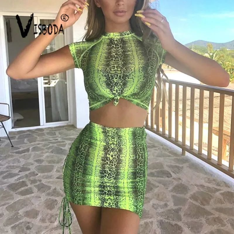 Женский топ юбка комплект из 2 предметов с принтом змеиной кожи укороченный