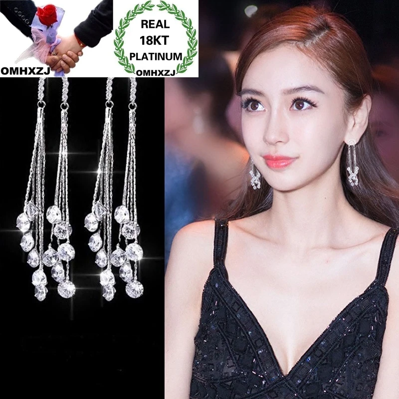 

OMHXZJ Wholesale European Fashion Woman Girl Party Birthday Wedding Gift Shiny Zircon Tassel 18KT White Gold Drop Earrings EA491