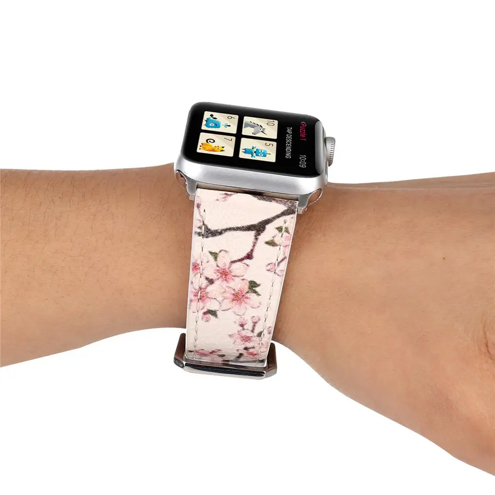 Дизайн с цветочным принтом кожаный ремешок для наручных часов для Apple Watch, 38, 42 мм браслет вишня в цвету ремешок для iwatch