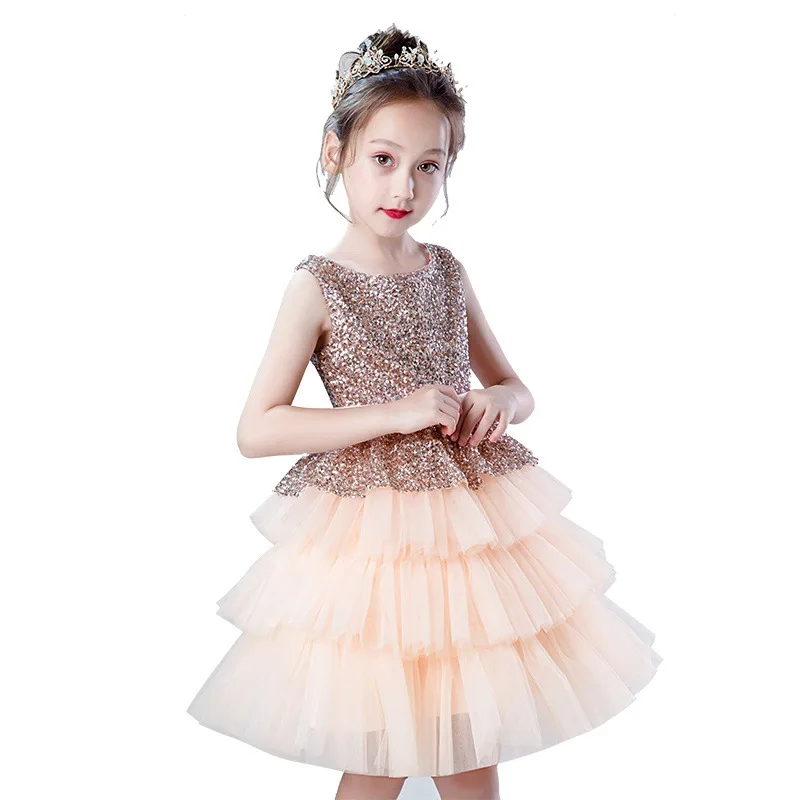 

Sequined Beading Flower Girl Dresses for Wedding Tulle Layered Kids Birthday Gowns Ball Gown Girls Formal Dress B440