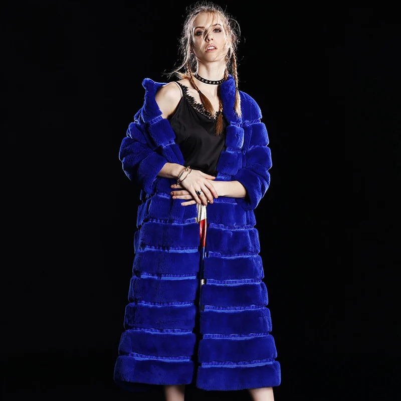 Женская зимняя длинная Меховая куртка с воротником стойкой LF4215|rex rabbit fur coat|outerwear