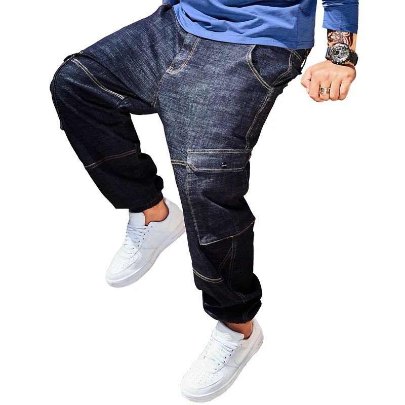 2018 Mens Casual Multi Big Pockets Blue Jeans Distressed Slim Elastic Denim Biker Hip Hop Pants Large Size 30-44 46 | Мужская одежда