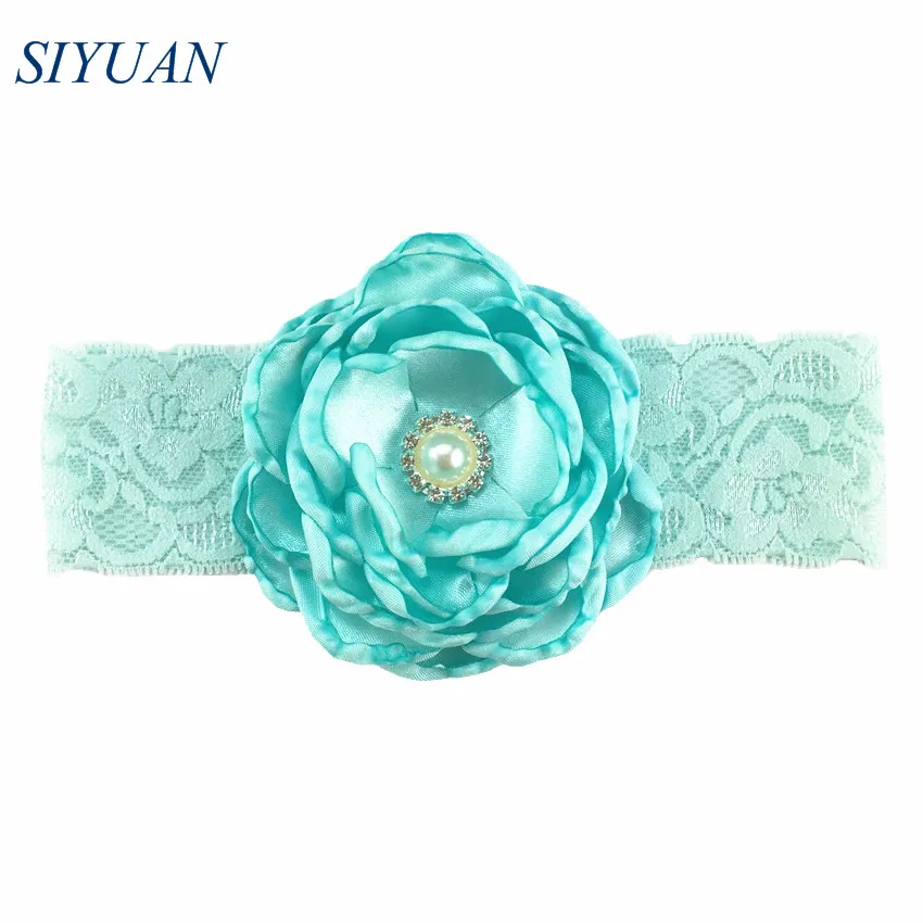 1pcs/lot Elastic Lace Headband with Luxe 7 Layer Burned Satin Flower Rhinstone Button Centered Girl Party Headwear HB066 | Аксессуары