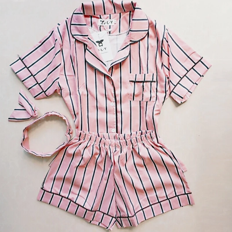

Plus Size Sleepwear Summer Women Pajama 2019 Turn-down Collar Home Clothes 2 Piece Set Shirt+Shorts Striped Casual Pajama Sets