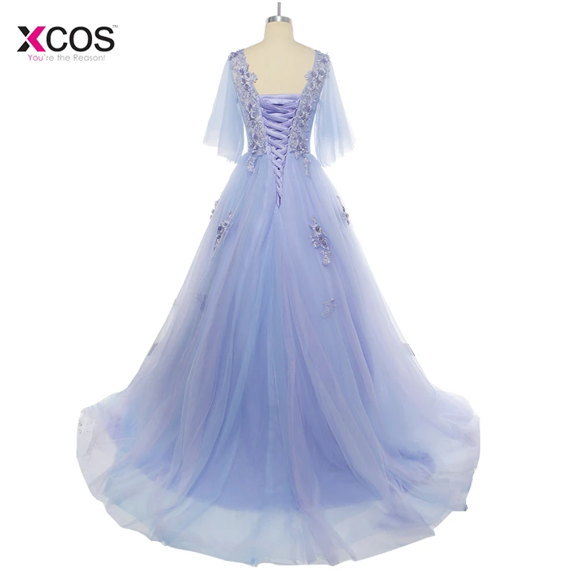 Charming Blue Long Tulle Prom Dresses Flowers A Line Scoop Neck Formal Evening Party Robe de Soiree Custom Made Dress 2018 | Свадьбы и