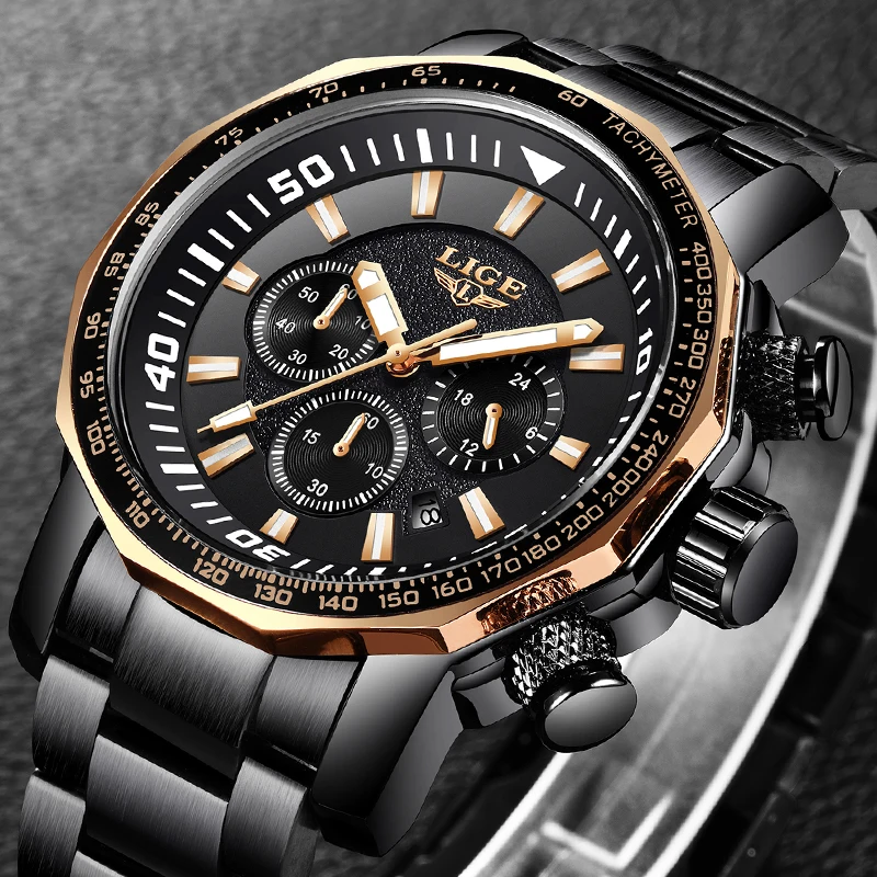 

Часы Reloj Hombre LIGE Мужские кварцевые, модные брендовые полностью стальные деловые спортивные водонепроницаемые в стиле милитари, с датой