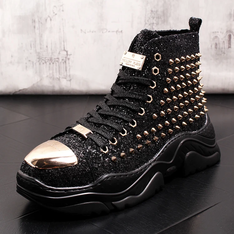

OLOME 2019 New Personalized Men Blue Casual Shoes High Top Fashion Metal Charm Embroidered Floral Rivets Shoes Man