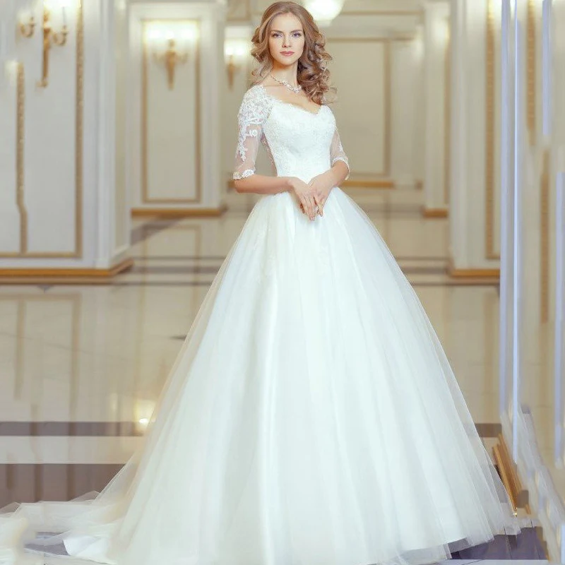 Новые Прибытия 2017 Vestidos де Noiva Exquisize Половина Рукава Лодка Шеи Свадебные Платья