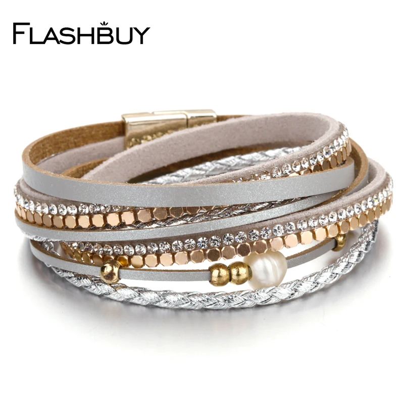 Flashbuy, сплав, стразы, кожа, каучук, бусины, жемчуг, многослойные браслеты для женщин, аксессуары, браслет, Ювелирное Украшение