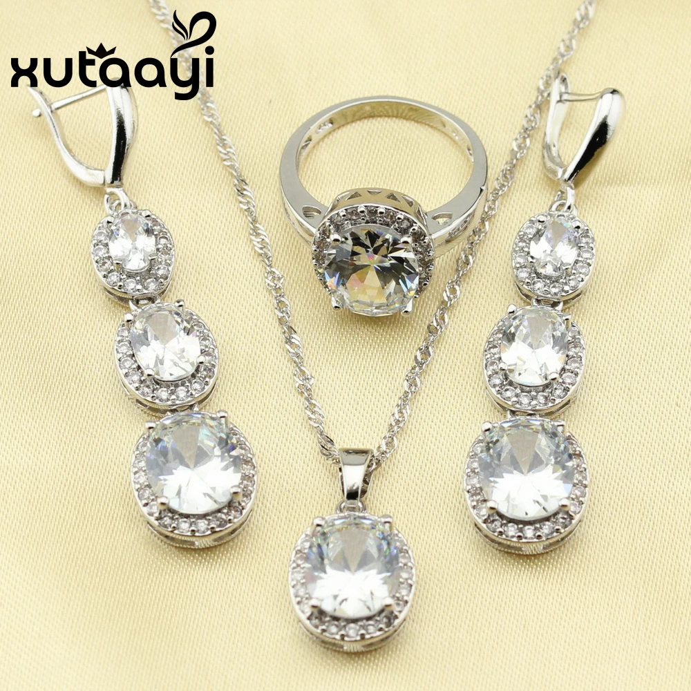 XUTAAYI Jewelry Sets Round White CZ Silver Color For Women Necklace Pendant Bracelets Long Earrings Rings Free Gift Box | Украшения и