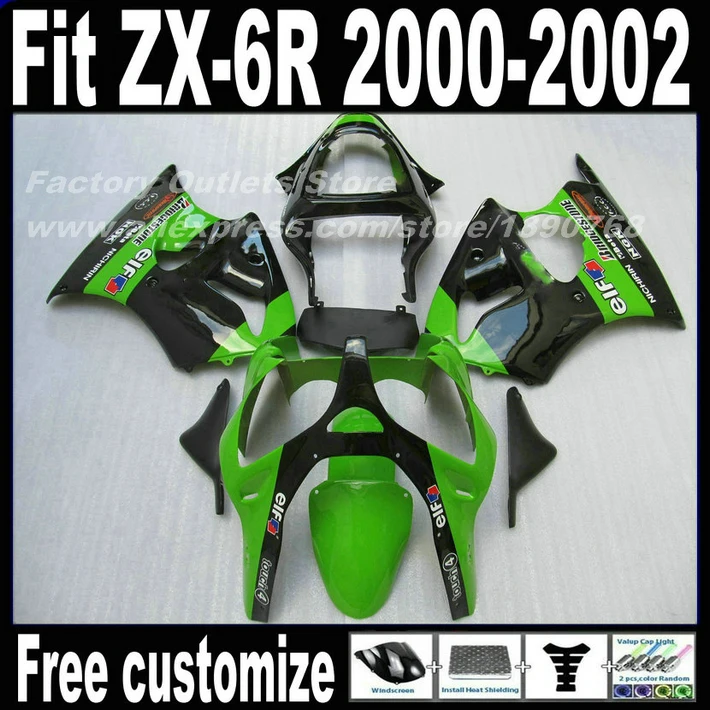 

Full fairing kit for Kawasaki ZX6R 00 01 02 Ninja 636 green black high grade Fairings set ZX-6R 2000 2001 2002 AF93