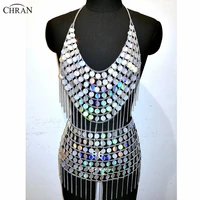 chran holographic iridescent sequin chainmail bralette body harness necklace festival bra crop top burning man wear sexy skirt