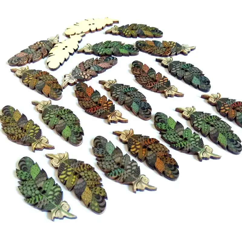 150 шт./лот деревянные пуговицы с узором в виде перьев 2 отверстия швейные