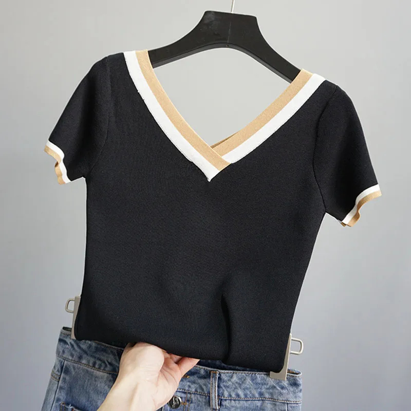 

Ladies Ice Lien Cool Pullover Tops Short Sleeve Knitted Women High Fashion Summer Knitwear Causal Solid Color White Pull Female