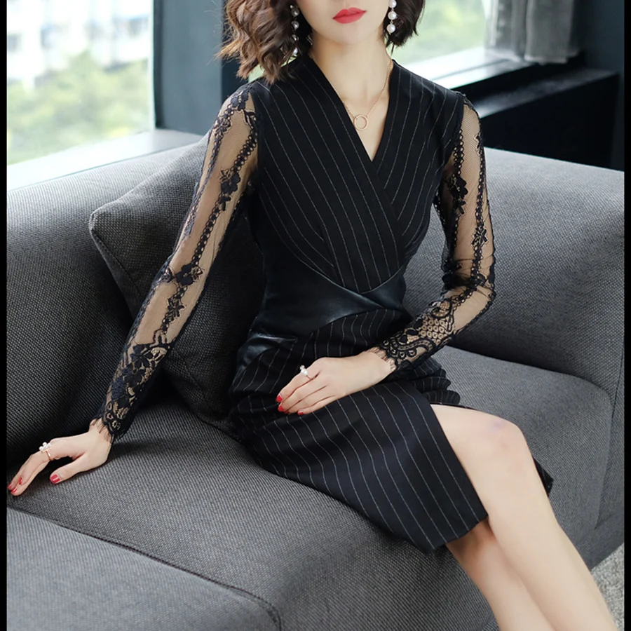 2021 винтажные офисные женские туфли черное кружевное сексуальное миди платье