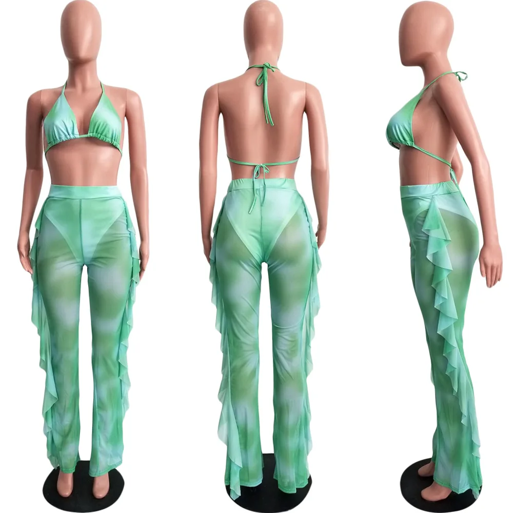 green Adogirl, Летний Пляжный комплект из двух предметов с принтом Tie Dye, с трусиками, женский сексуальный бюстгальтер, короткий топ с оборками, широкие штаны, клубная одежда - Цвет: green