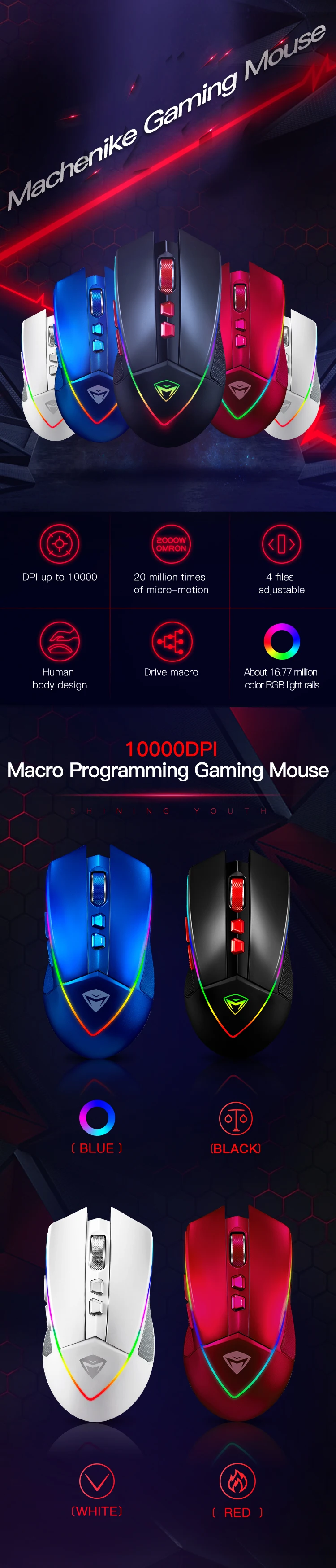 Machenike M5 черная/белая/синяя игровая мышь красная RGB подсветка для ноутбука Настольный компьютер офис и игры мышь