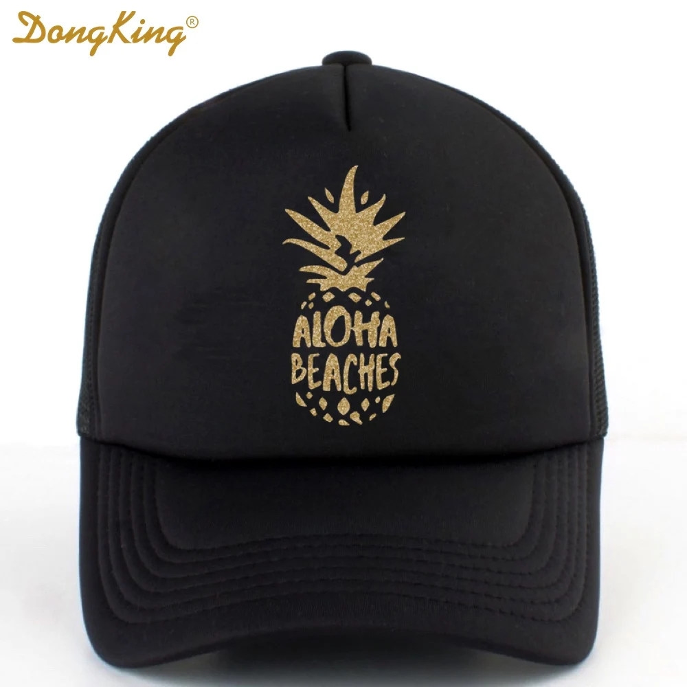 

DongKing Fashion Trucker Hat ALOHA BEACHES Pineapple Print Gold Logo Top Quality Baseball Caps Mesh SnapBack Holiday Sun Gift