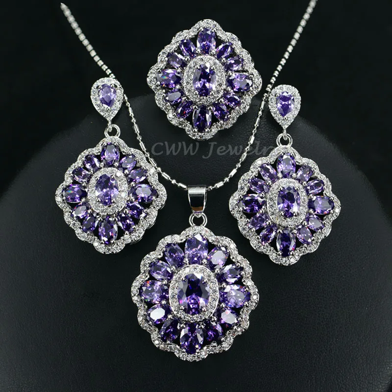 purple CWWZircons Модное Украшение с Фианитами Серебро 925 Проба Набор для Женщин Кольцо Подвеска Серьги с Большими Разноцветными Кубическими Цирконами T261 - Окраска металла: purple
