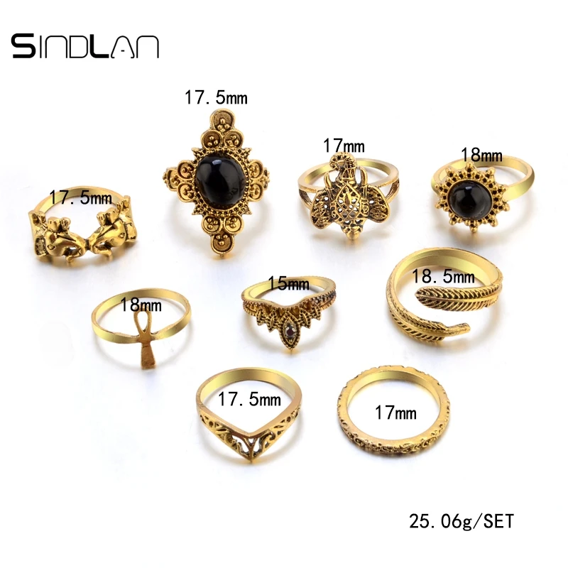 Sindlan 9pcs / Set Wedding Jewelry Black Resin Bohemian Vintage Elephant Feather Crown Hollow Pattern Knuckle Ring For Women | Украшения и