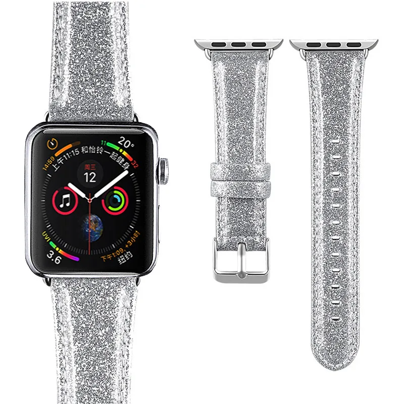 Silver Laforuta для Apple Watch, ремешок 40 мм, 44 мм, кожаный iWatch, ремешок 42 мм, 38 мм, блестящий, мощный, шикарный, наручные часы, браслет на Рождество - Цвет ремешка: Silver