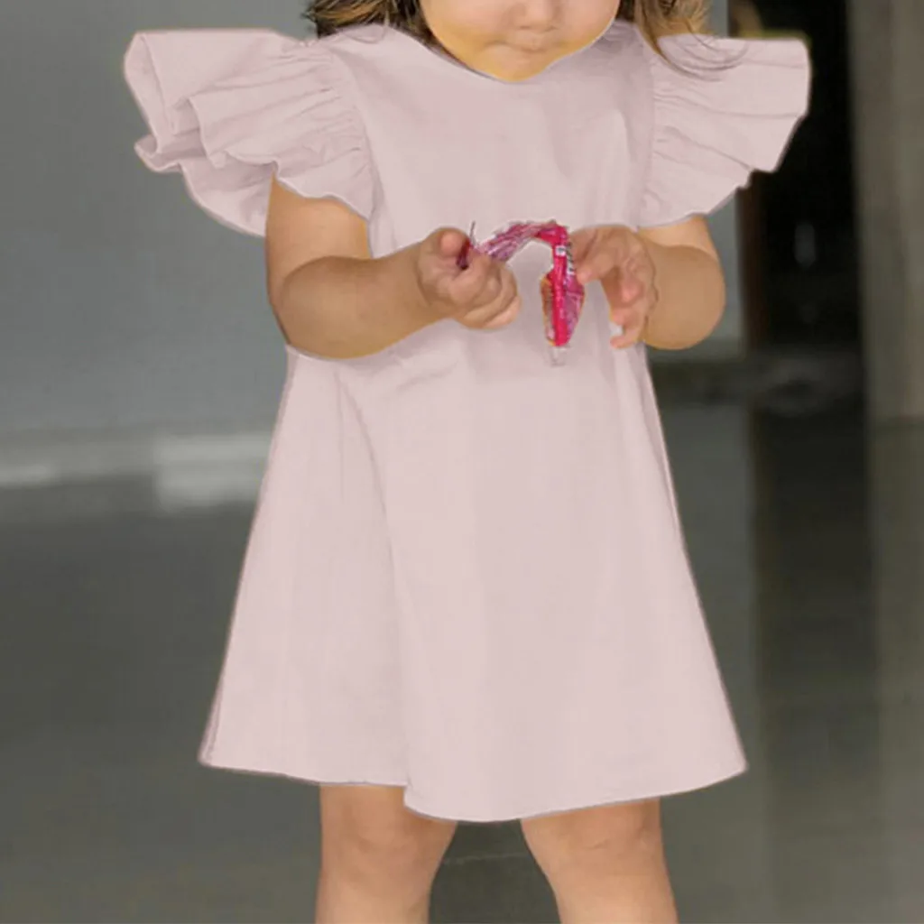 Красивое Летнее платье однотонное с бантом и рукавами-крылышками для маленьких