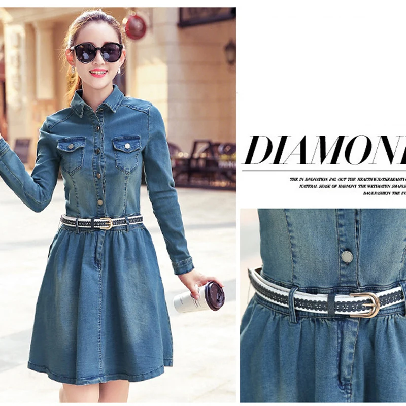 

2018 Spring Summer Vintage Denim Dress Long Sleeve Jeans Ball Cotton Slim Dress Jeans High Waist Women Vestidos Blue