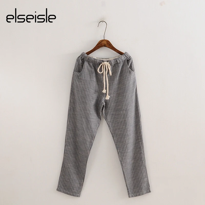 Elseisle новые льняные полосатые женские брюки 2017 летние шаровары до щиколотки в