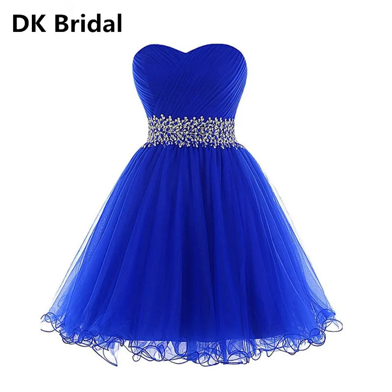 

INS Hot Sale Ball Gown Short Prom Dresses Sweetheart Sequins Beading Cocktail Dresses Lace-up Pleats Ruffles Royal Blue Dress