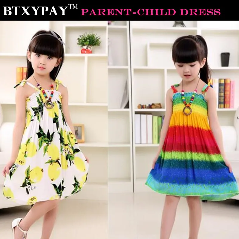 

2019 Summer Mother&Daughter Parent-child Sling Dress Kids Girl Family Matching Outfits Women Bohemian Beach Strap Dress+Necklace
