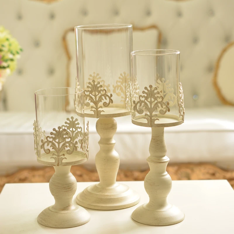 

Continental retro white glass candle lantern high iron decorative table wedding birthday candle cup
