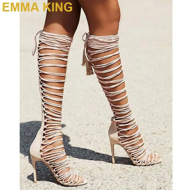 

Сексуальные женские ботинки на высоком каблуке с перекрестной шнуровкой, с открытым носком, на тонком высоком каблуке-шпильке, длинные боти...