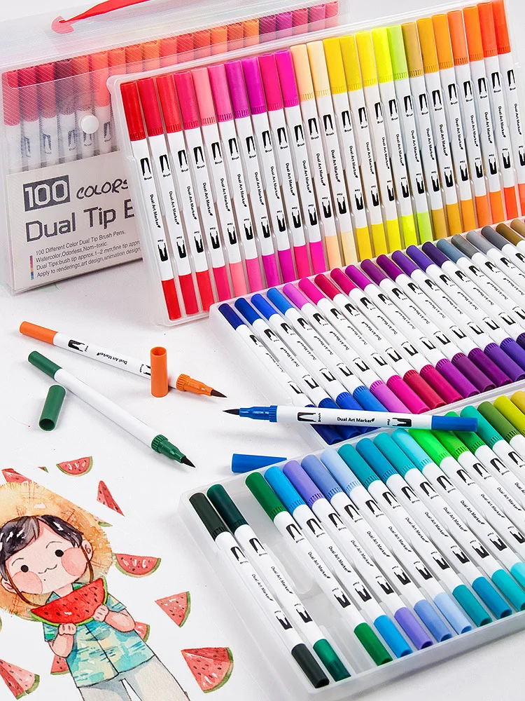 100Colors FineLiner Drawing Painting Watercolor Art Marker Pens Dual Tip Brush Pen School Supplies | Канцтовары для офиса и
