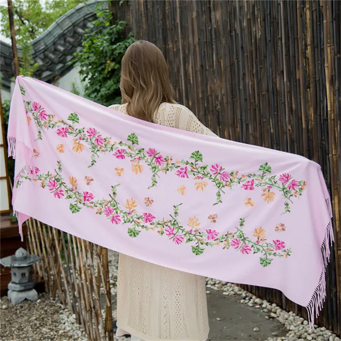Light Pink Черный вышитый цветок женский Пашмина хиджаб шарф Зимний теплый жаккард Chal длинные кисточки шаль Цветочный глушитель шарфы - Цвет: Light Pink