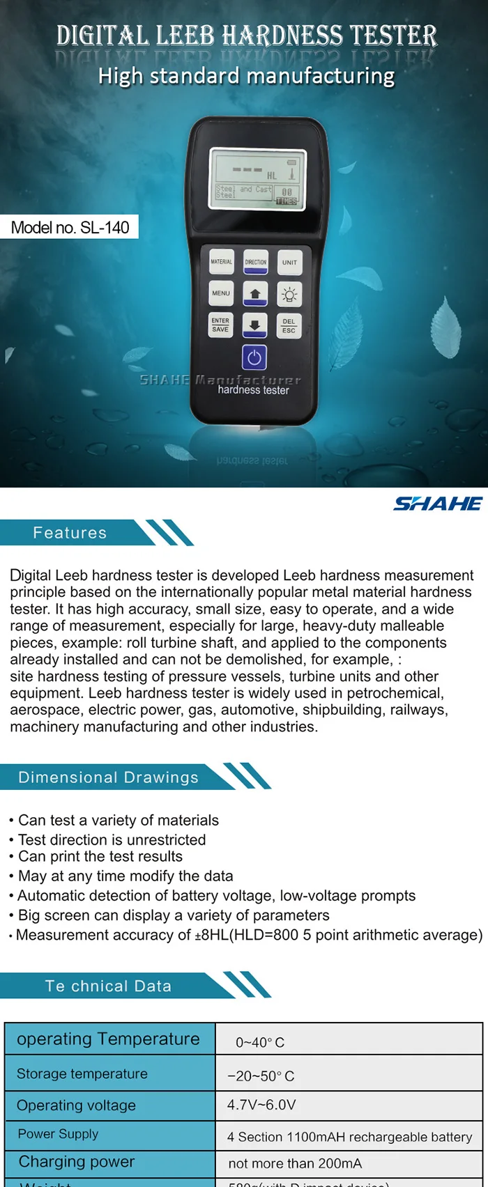 Shahe Портативный Измеритель Твердости Rebound Leeb, дюрометр, тестер твердости Leeb для металлических стальных SL-140