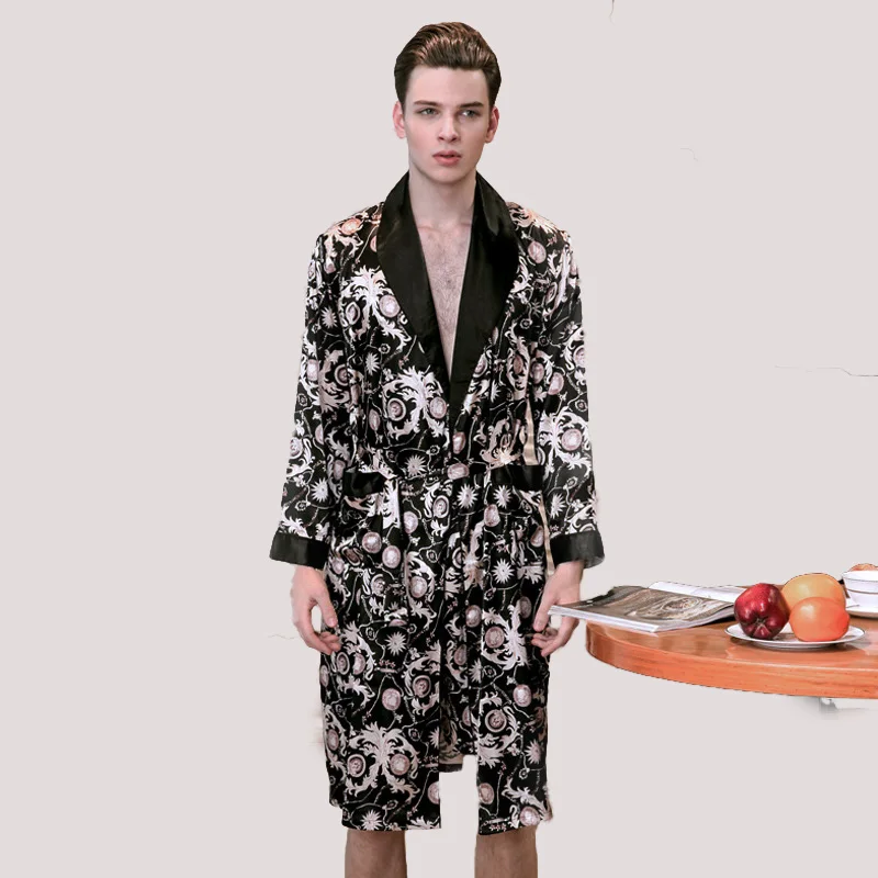 Мужская пижама с длинным рукавом WP777 длинная из искусственного шелка для отдыха